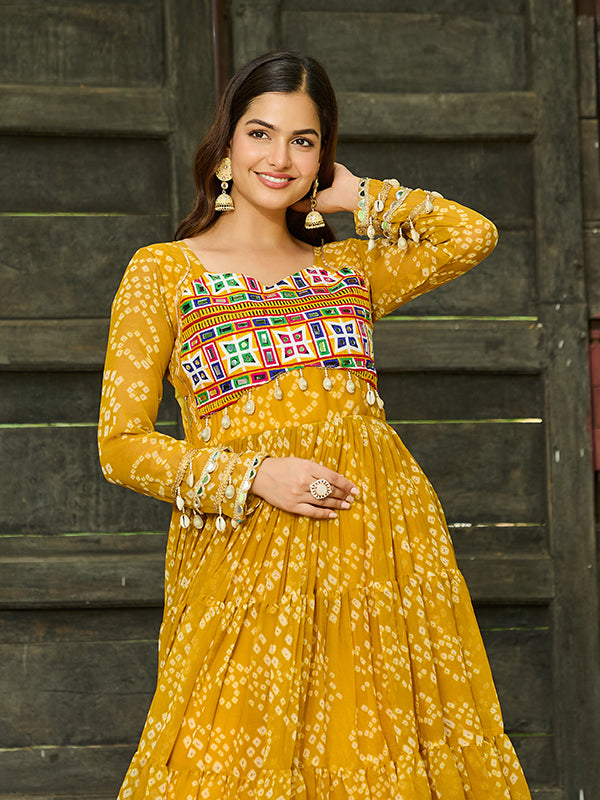 Yellow Bandhani Printed Kutchi Patch Work Georgette Gown