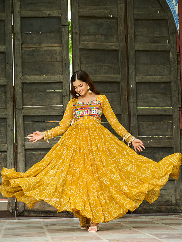 Yellow Bandhani Printed Kutchi Patch Work Georgette Gown