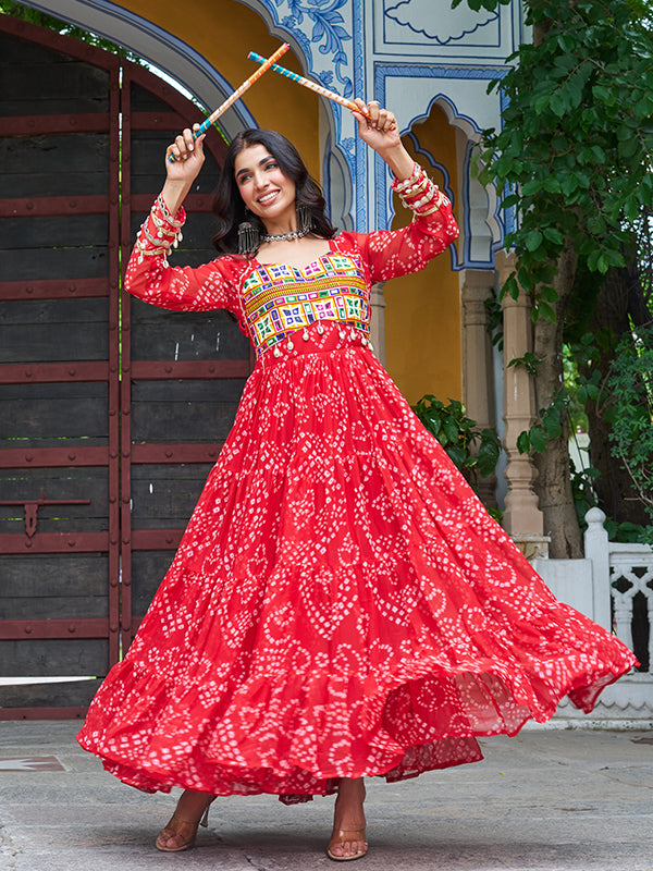 Red Bandhani Printed Kutchi Patch Work Georgette Gown