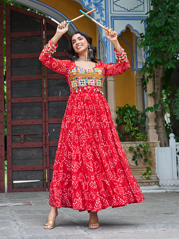 Red Bandhani Printed Kutchi Patch Work Georgette Gown