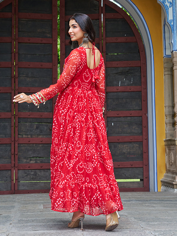Red Bandhani Printed Kutchi Patch Work Georgette Gown