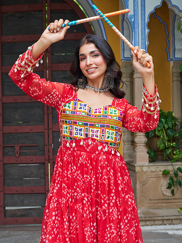 Red Bandhani Printed Kutchi Patch Work Georgette Gown