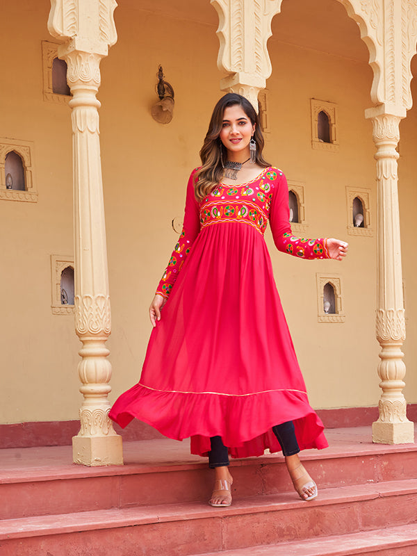Pink Kutchi Patch Work Front Open Long Rayon Kurti