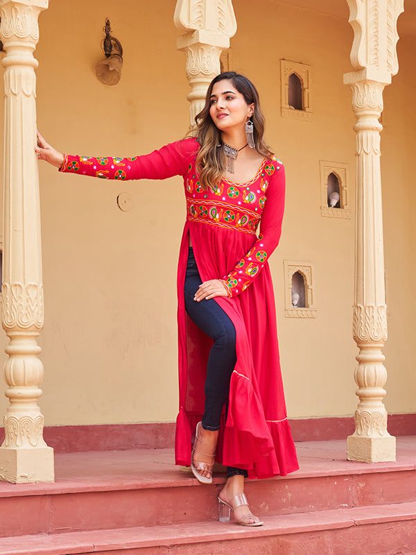 Pink Kutchi Patch Work Front Open Long Rayon Kurti