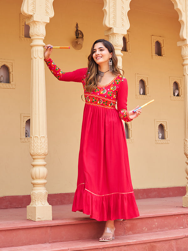 Pink Kutchi Patch Work Front Open Long Rayon Kurti