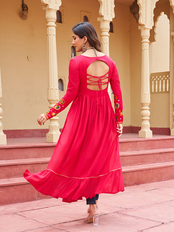 Pink Kutchi Patch Work Front Open Long Rayon Kurti
