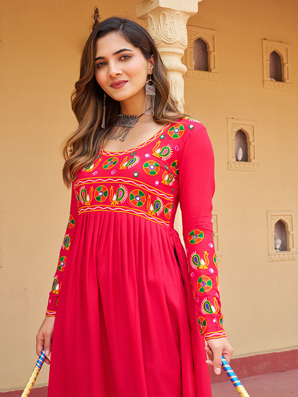 Pink Kutchi Patch Work Front Open Long Rayon Kurti