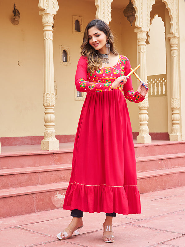 Pink Kutchi Patch Work Front Open Long Rayon Kurti
