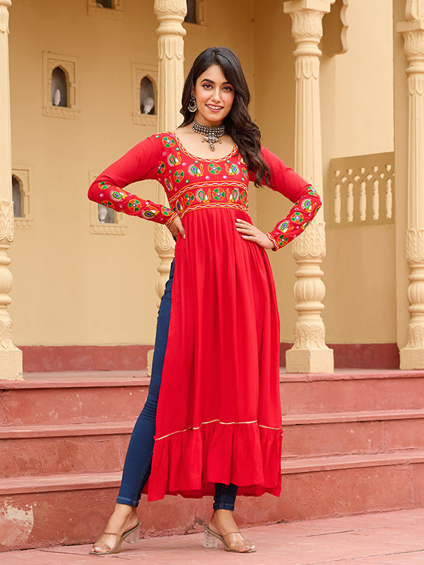 Red Kutchi Patch Work Front Open Long Rayon Kurti