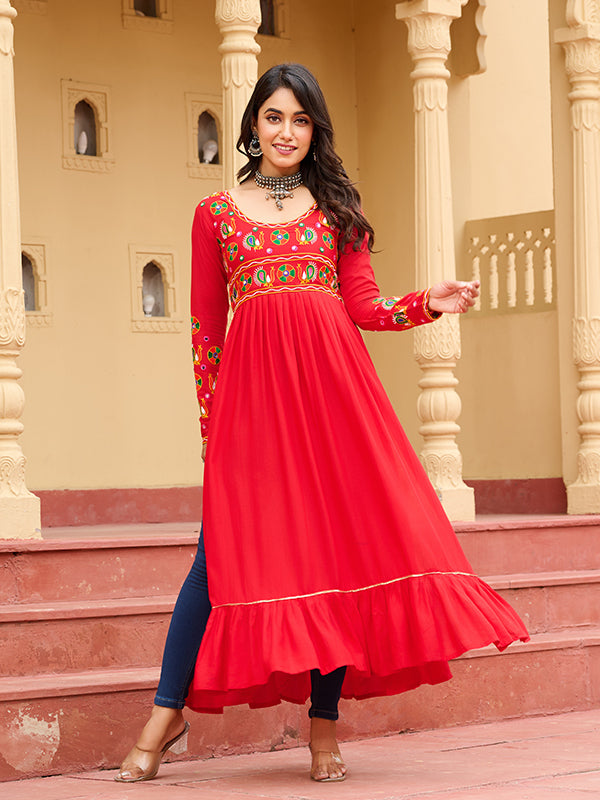 Red Kutchi Patch Work Front Open Long Rayon Kurti