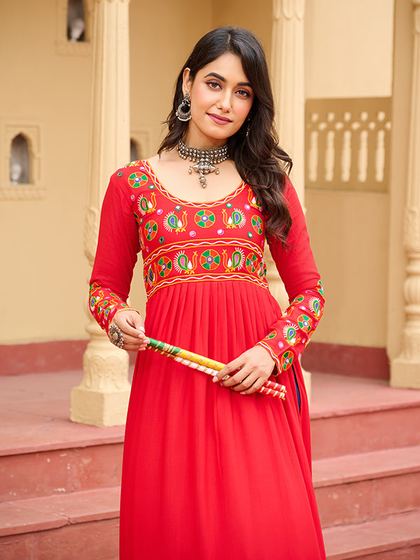 Red Kutchi Patch Work Front Open Long Rayon Kurti