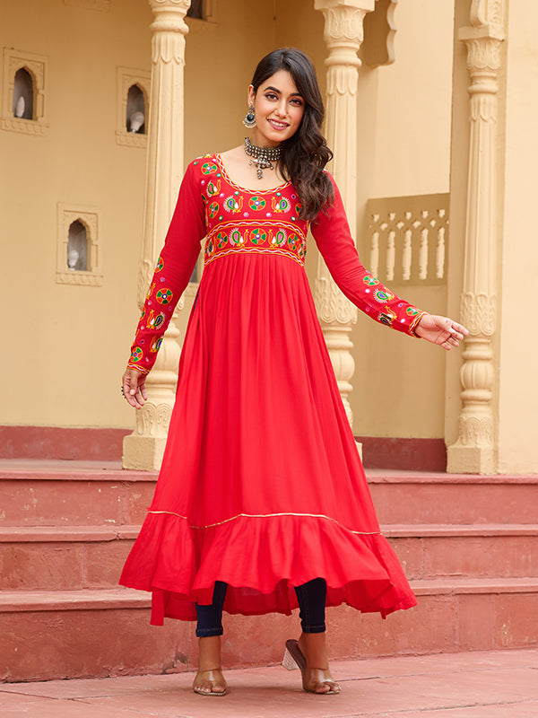 Red Kutchi Patch Work Front Open Long Rayon Kurti