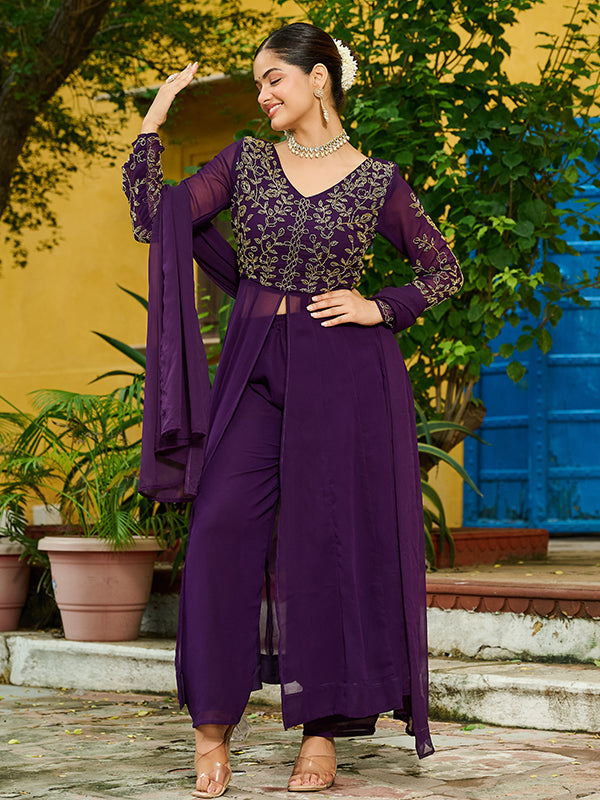 Wine Multi Thread Beads Work Georgette Kurti Pant With Dupatta