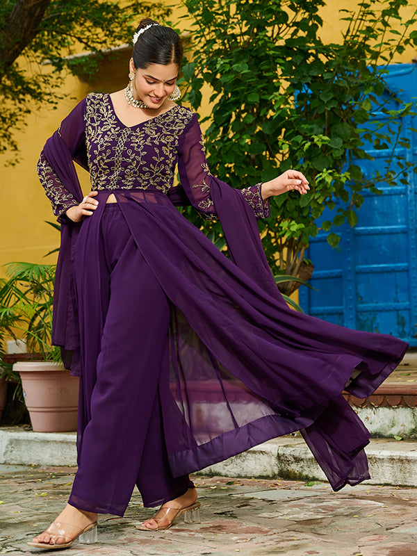 Wine Multi Thread Beads Work Georgette Kurti Pant With Dupatta