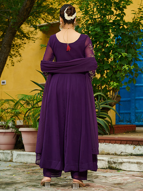 Wine Multi Thread Beads Work Georgette Kurti Pant With Dupatta