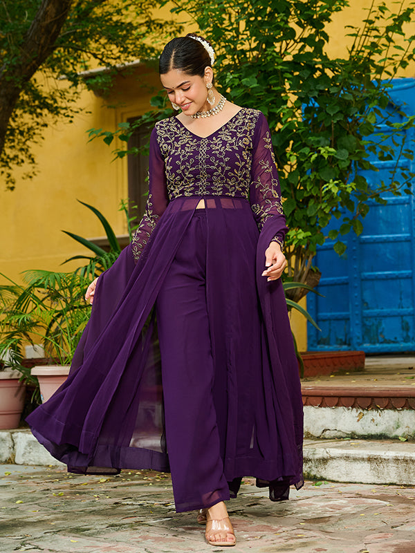 Wine Multi Thread Beads Work Georgette Kurti Pant With Dupatta