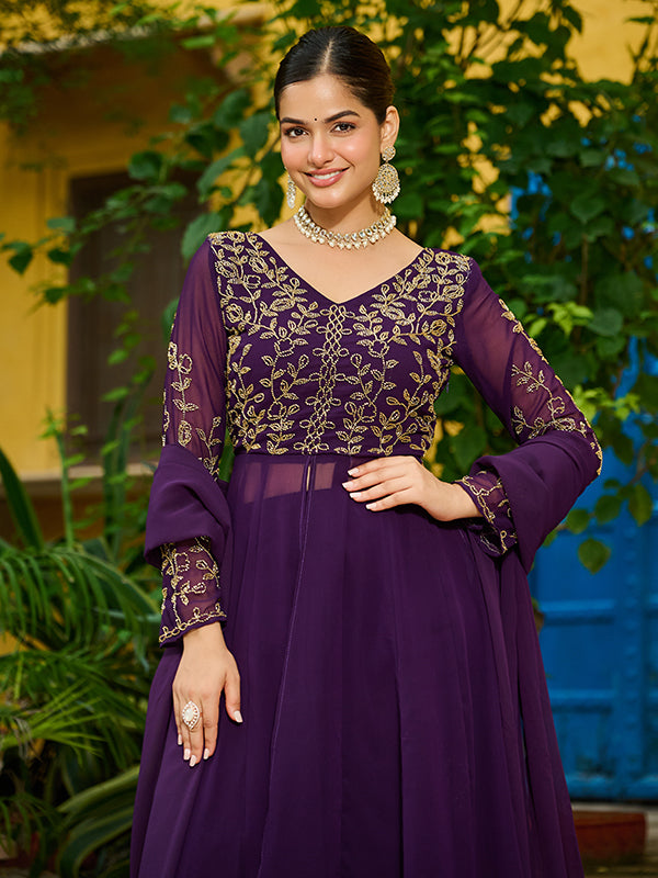 Wine Multi Thread Beads Work Georgette Kurti Pant With Dupatta