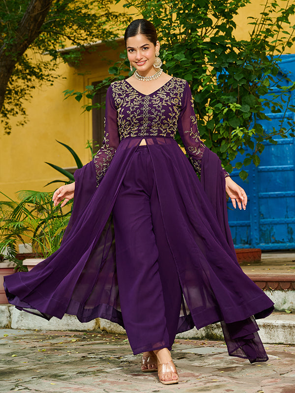 Wine Multi Thread Beads Work Georgette Kurti Pant With Dupatta