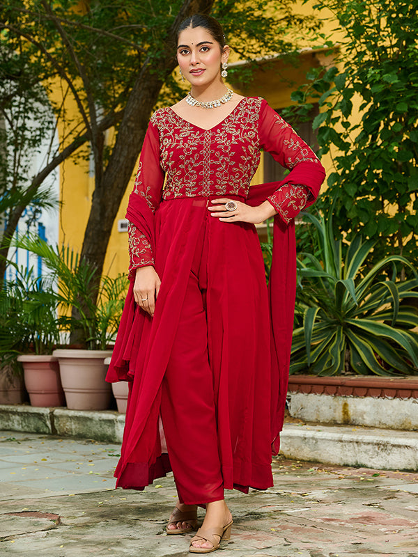 Maroon Multi Thread Beads Work Georgette Kurti Pant With Dupatta
