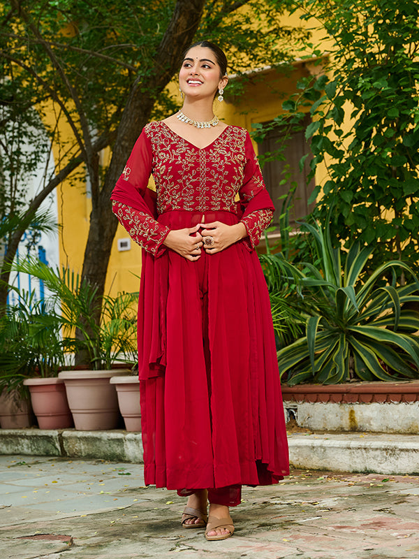 Maroon Multi Thread Beads Work Georgette Kurti Pant With Dupatta