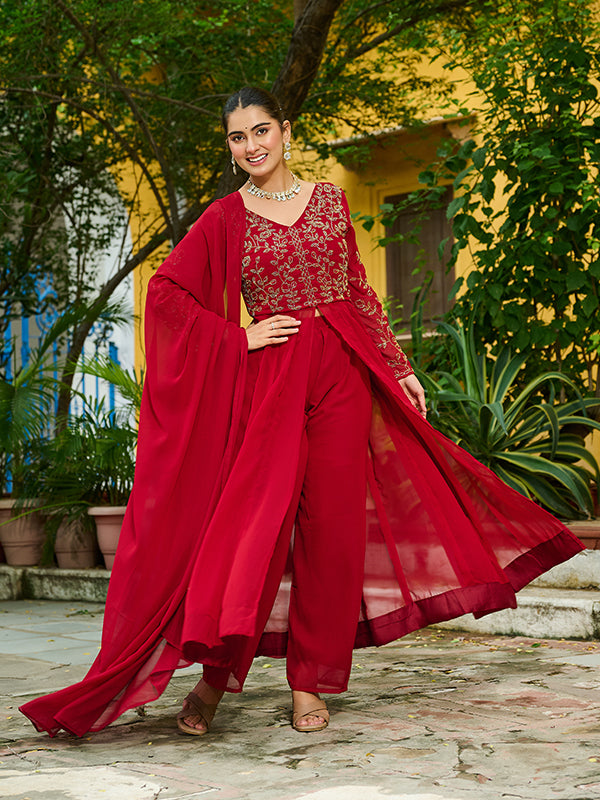 Maroon Multi Thread Beads Work Georgette Kurti Pant With Dupatta