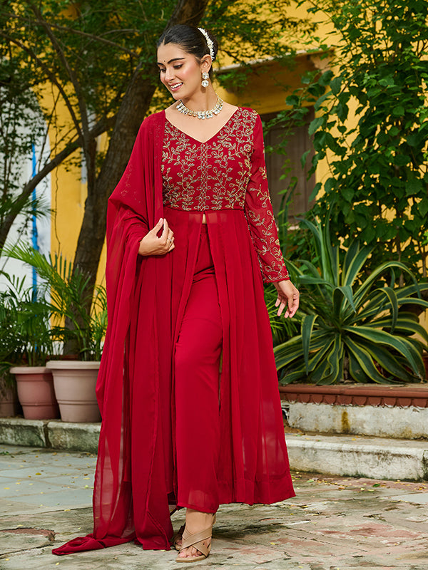 Maroon Multi Thread Beads Work Georgette Kurti Pant With Dupatta