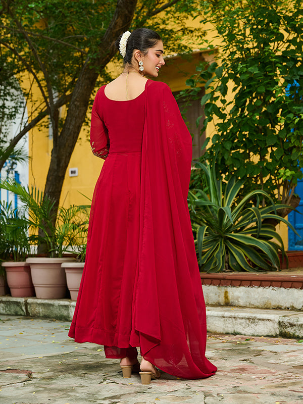 Maroon Multi Thread Beads Work Georgette Kurti Pant With Dupatta