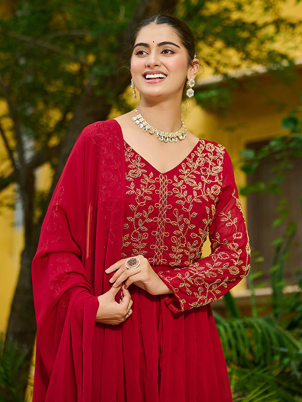 Maroon Multi Thread Beads Work Georgette Kurti Pant With Dupatta