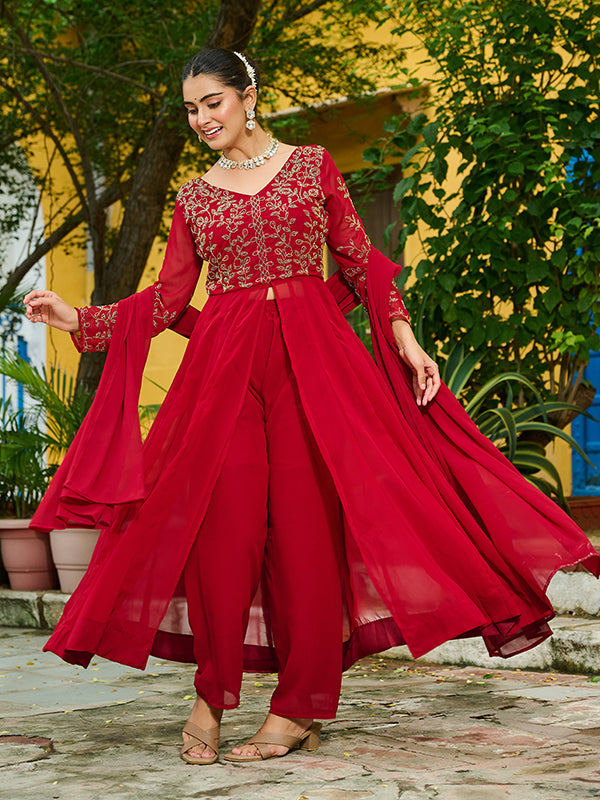 Maroon Multi Thread Beads Work Georgette Kurti Pant With Dupatta