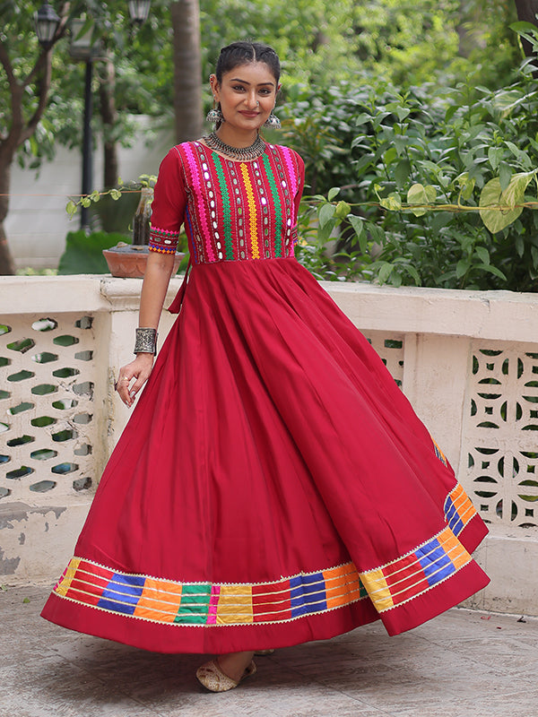 Maroon Multicolor Thread & Mirror Work Roman Gown