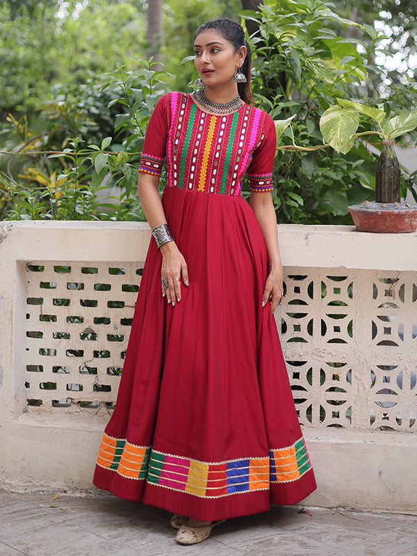 Maroon Multicolor Thread & Mirror Work Roman Gown