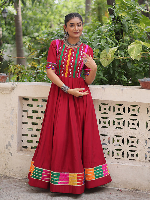 Maroon Multicolor Thread & Mirror Work Roman Gown