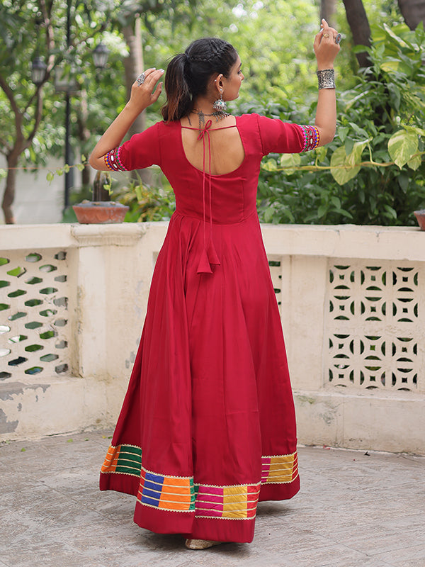 Maroon Multicolor Thread & Mirror Work Roman Gown