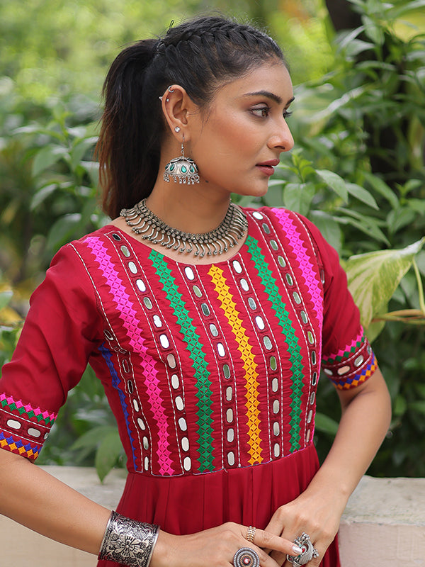 Maroon Multicolor Thread & Mirror Work Roman Gown