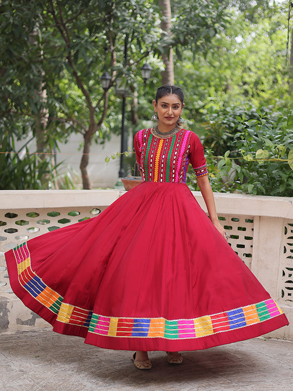 Maroon Multicolor Thread & Mirror Work Roman Gown