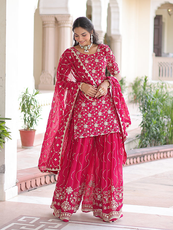 Pink Sequins Embroidered Work Georgette Sharara Suit