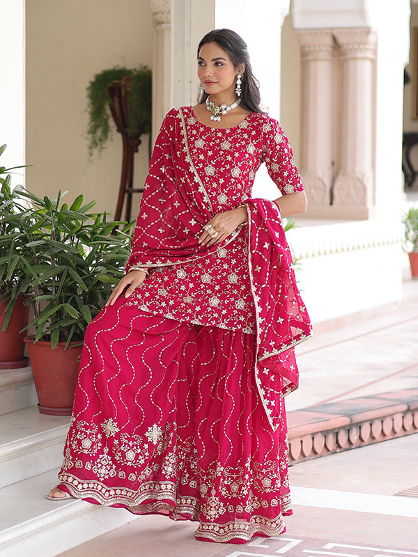 Pink Sequins Embroidered Work Georgette Sharara Suit