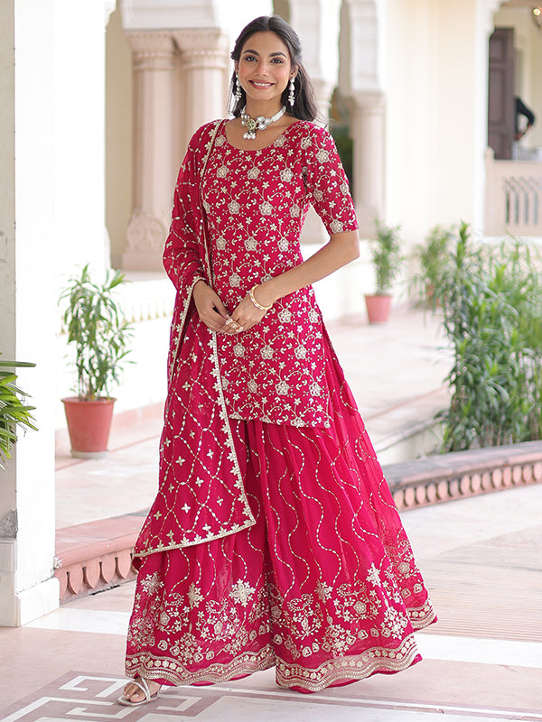 Pink Sequins Embroidered Work Georgette Sharara Suit