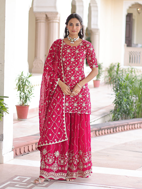 Pink Sequins Embroidered Work Georgette Sharara Suit