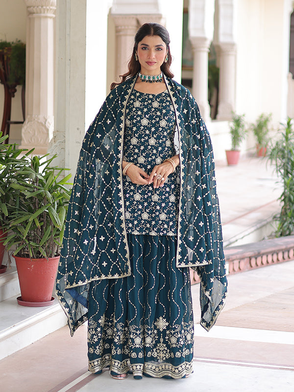 Teal Blue Sequins Embroidered Work Georgette Sharara Suit