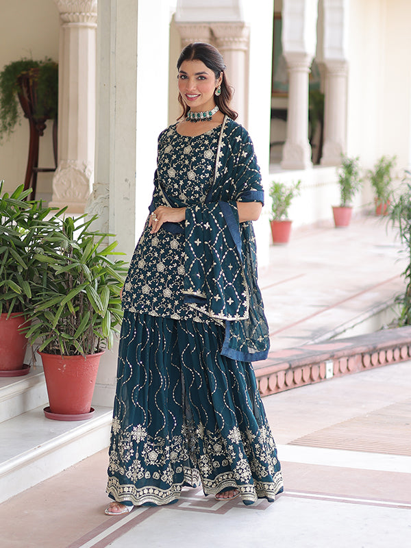 Teal Blue Sequins Embroidered Work Georgette Sharara Suit