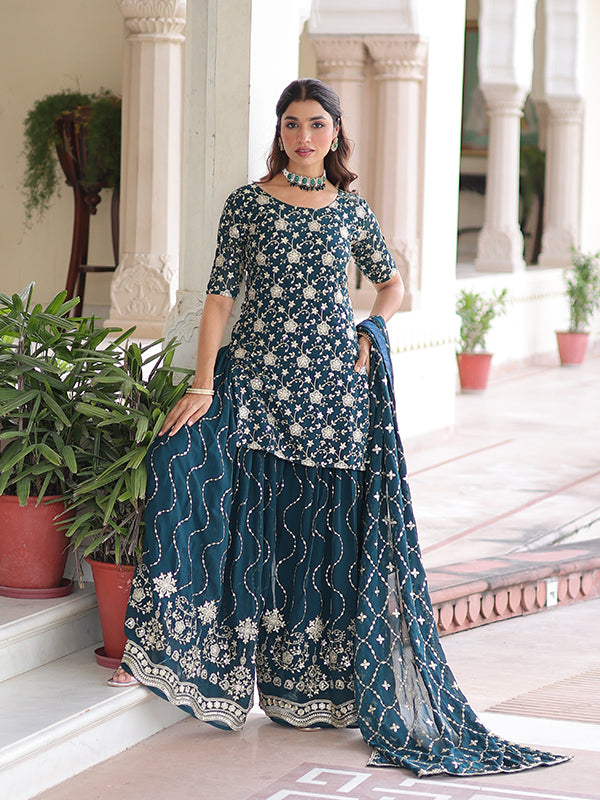 Teal Blue Sequins Embroidered Work Georgette Sharara Suit