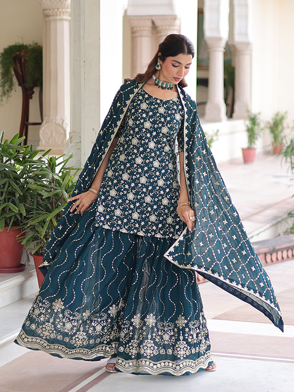 Teal Blue Sequins Embroidered Work Georgette Sharara Suit