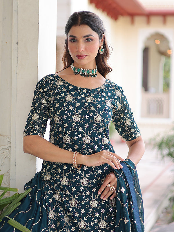 Teal Blue Sequins Embroidered Work Georgette Sharara Suit