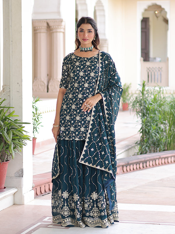 Teal Blue Sequins Embroidered Work Georgette Sharara Suit