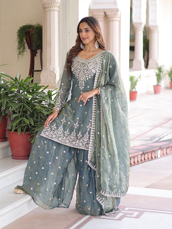 Grey Coding Sequins Work Fendi Silk Kurti Sharara With Dupatta