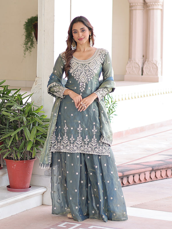 Grey Coding Sequins Work Fendi Silk Kurti Sharara With Dupatta