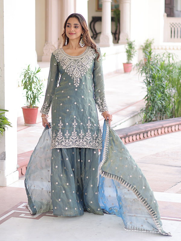 Grey Coding Sequins Work Fendi Silk Kurti Sharara With Dupatta