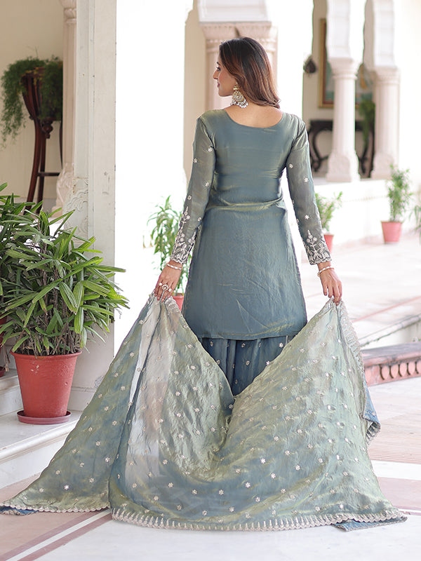 Grey Coding Sequins Work Fendi Silk Kurti Sharara With Dupatta