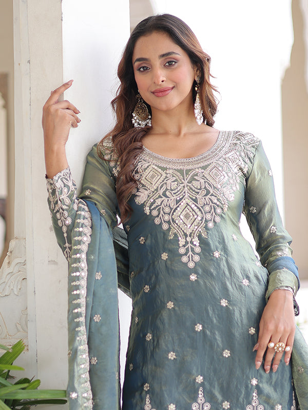 Grey Coding Sequins Work Fendi Silk Kurti Sharara With Dupatta